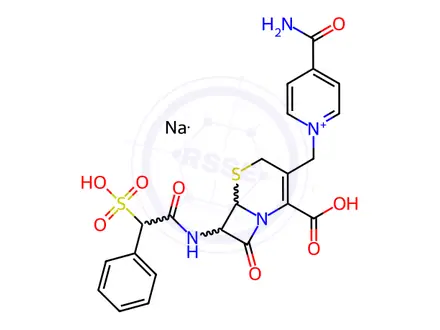 Chemical structure of (6R,7R)-3-((4-Carbamoylpyridin-1-ium-1-yl)methyl)-8-oxo-7-(2-phenyl-2-sulfoacetamido)-5-thia-1-azabicyclo[4.2.0]oct-2-ene-2-carboxylate, Sodium Salt