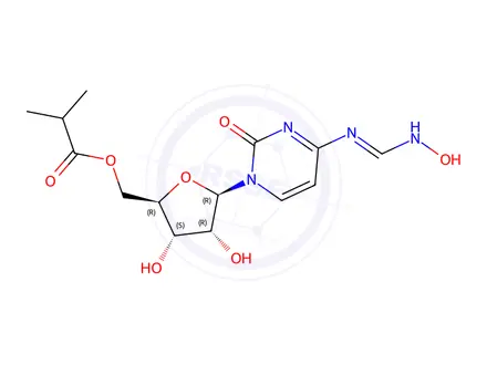 Chemical structure of ((2R,3S,4R,5R)-3,4-dihydroxy-5-(4-(N'-hydroxyformimidamido)-2-oxopyrimidin-1(2H)-yl)tetrahydrofuran-2-yl)methyl isobutyrate