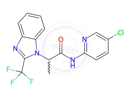 Chemical structure of N-(5-chloropyridin-2-yl)-2-(2-(trifluoromethyl)-1H-benzo[d]imidazol-1-yl)propanamide