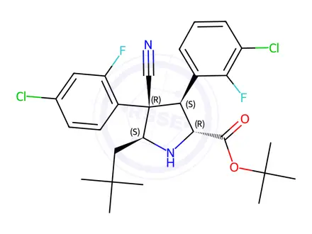 Chemical structure of rel-(2R,3S,4R,5S)-3-(3-Chloro-2-fluorophenyl)-4-(4-chloro-2-fluorophenyl)-4-cyano-5-(2,2-dimethylpropyl)pyrrolidine-2-carboxylic acid tert-butyl ester