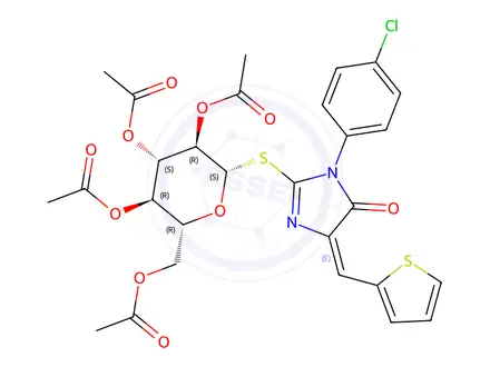 Chemical structure of 3-(4-chlorophenyl)-5-(2-thienylmethylene)-2-(2,3,4,6-tetra-O-acetylglucopyranosyl)-2-thiohydantoin