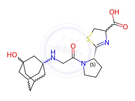 Chemical structure of 2-((S)-1-(((1r,3R,5R,7S)-3-Hydroxyadamantan-1-yl)glycyl)pyrrolidin-2-yl)-4,5-dihydrothiazole-4-carboxylic Acid