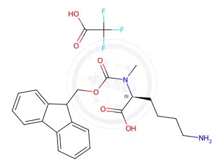 Chemical structure of (S)-2-((((9H-Fluoren-9-yl)methoxy)carbonyl)(methyl)amino)-6-aminohexanoic acid compound with 2,2,2-trifluoroacetic acid (1:1)