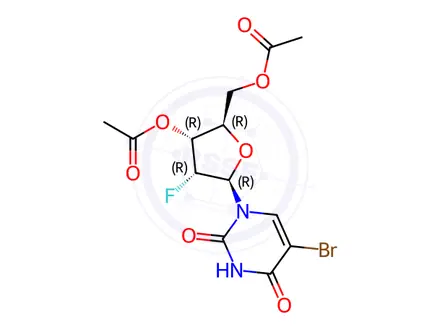 Chemical structure of ((2R,3R,4R,5R)-3-Acetoxy-5-(5-bromo-2,4-dioxo-3,4-dihydropyrimidin-1(2H)-yl)-4-fluorotetrahydrofuran-2-yl)methyl acetate