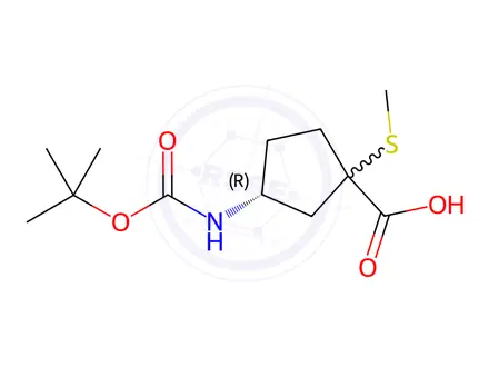 Chemical structure of (3R)-3-((tert-Butoxycarbonyl)amino)-1-(methylthio)cyclopentanecarboxylic acid