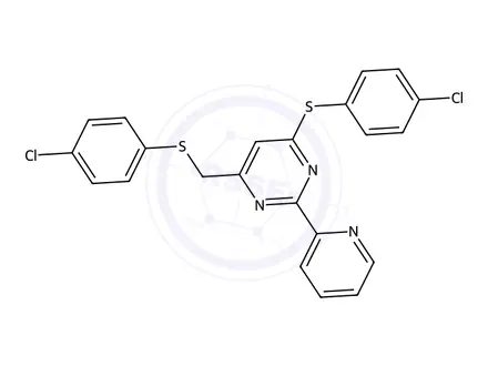 Chemical structure of 4-((4-Chlorophenyl)thio)-6-(((4-chlorophenyl)thio)methyl)-2-(pyridin-2-yl)pyrimidine
