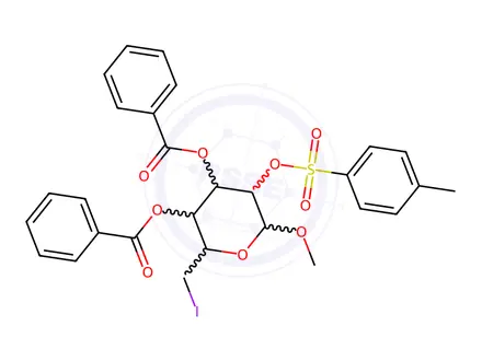 Chemical structure of .alpha.-D-Glucopyranoside, methyl 6-deoxy-6-iodo-, 3,4-dibenzoate 2-(4-methylbenzenesulfonate)