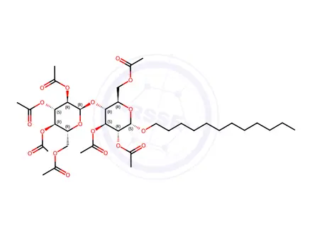 Chemical structure of (2R,3R,4S,5R,6R)-2-(acetoxymethyl)-6-(((2R,3R,4S,5R,6S)-4,5-diacetoxy-2-(acetoxymethyl)-6-(dodecyloxy)tetrahydro-2H-pyran-3-yl)oxy)tetrahydro-2H-pyran-3,4,5-triyl triacetate