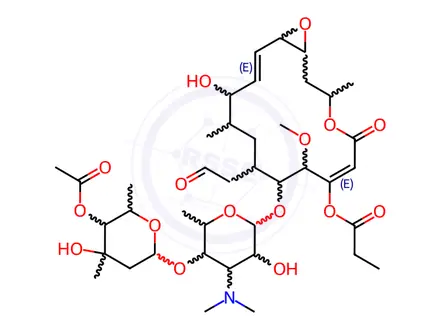 Chemical structure of Leucomycin V, 2,3-dihydro-12,13-epoxy-12,13-dihydro-, 4B-acetate 3-propanoate