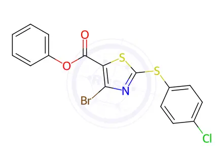 Chemical structure of Phenyl 4-bromo-2-((4-chlorophenyl)thio)thiazole-5-carboxylate