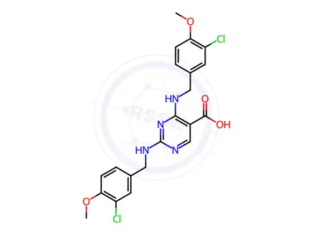 Chemical structure of 2,4-bis((3-chloro-4-methoxybenzyl)amino)pyrimidine-5-carboxylic acid