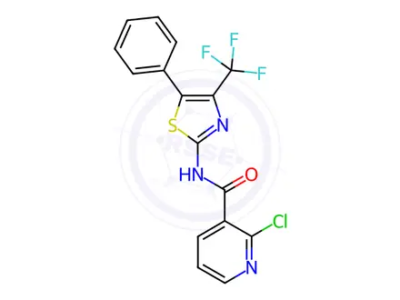 Chemical structure of N3-[5-phenyl-4-(trifluoromethyl)-1,3-thiazol-2-yl]-2-chloronicotinamide