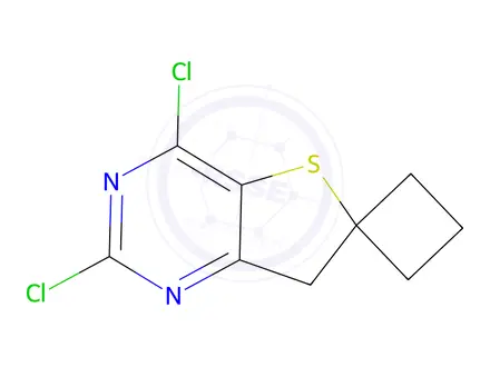 Chemical structure of 2',4'-Dichloro-7'H-spiro[cyclobutane-1,6'-thieno[3,2-d]pyrimidine]