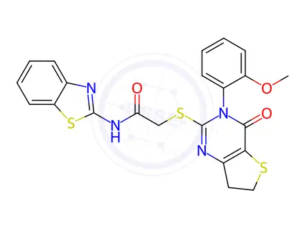 Chemical structure of N-(Benzo[d]thiazol-2-yl)-2-((3-(2-methoxyphenyl)-4-oxo-3,4,6,7-tetrahydrothieno[3,2-d]pyrimidin-2-yl)thio)acetamide