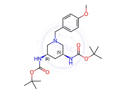 Chemical structure of Carbamic acid, N,N'-[(3R,5S)-1-[(4-methoxyphenyl)methyl]-3,5-piperidinediyl]bis-, C,C'-bis(1,1-dimethylethyl) ester, rel-