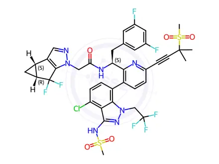 Chemical structure of N-((S)-1-(3-(4-Chloro-3-(methylsulfonamido)-1-(2,2,2-trifluoroethyl)-1H-indazol-7-yl)-6-(3-methyl-3-(methylsulfonyl)but-1-yn-1-yl)pyridin-2-yl)-2-(3,5-difluorophenyl)ethyl)-2-((3bS,4aR)-5,5-difluoro-3b,4,4a,5-tetrahydro-1H-cyclopropa[3,4]cyclopenta[1,2-c]pyrazol-1-yl)acetamide