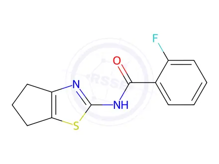 Chemical structure of N-(5,6-dihydro-4H-cyclopenta[d]thiazol-2-yl)-2-fluorobenzamide