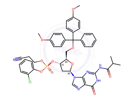 Chemical structure of 3'-Guanylic acid, 5'-O-[bis(4-methoxyphenyl)phenylmethyl]-2'-deoxy-N-(2-methyl-1-oxopropyl)-, 2-chlorophenyl 2-cyanoethyl ester