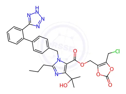 Chemical structure of (5-(Chloromethyl)-2-oxo-1,3-dioxol-4-yl)methyl 1-((2'-(2H-tetrazol-5-yl)-[1,1'-biphenyl]-4-yl)methyl)-4-(2-hydroxypropan-2-yl)-2-propyl-1H-imidazole-5-carboxylate