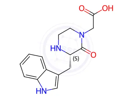 Chemical structure of (S)-2-(3-((1H-Indol-3-yl)methyl)-2-oxopiperazin-1-yl)acetic acid