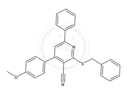 Chemical structure of 2-(Benzylthio)-4-(4-methoxyphenyl)-6-phenylnicotinonitrile