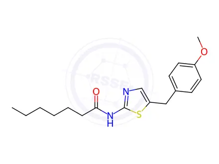 Chemical structure of N-[5-(4-methoxybenzyl)-1,3-thiazol-2-yl]heptanamide