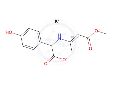 Chemical structure of (R)-2-(4-Hydroxyphenyl)-2-((4-methoxy-4-oxobut-2-en-2-yl)amino)acetic acid, Potassium Salt