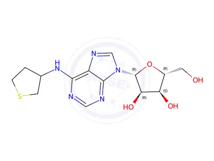 Chemical structure of (2R,3S,4R,5R)-2-(Hydroxymethyl)-5-(6-((tetrahydrothiophen-3-yl)amino)-9H-purin-9-yl)tetrahydrofuran-3,4-diol
