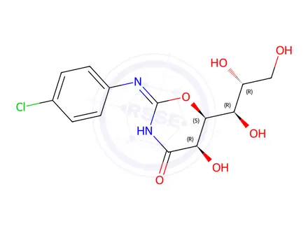 Chemical structure of rel-(5R,6S)-2-((4-Chlorophenyl)amino)-5-hydroxy-6-((1R,2R)-1,2,3-trihydroxypropyl)-5,6-dihydro-4H-1,3-oxazin-4-one