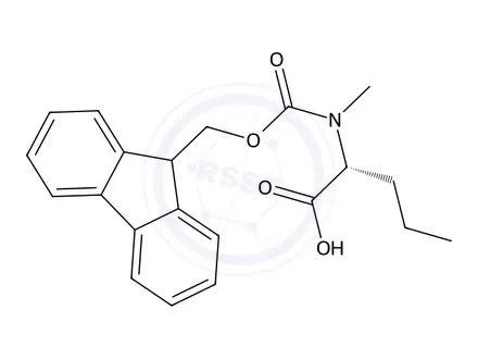 Chemical structure of (R)-2-((((9H-fluoren-9-yl)methoxy)carbonyl)(methyl)amino)pentanoic acid