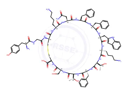 Chemical structure of (4R,7S,10S,13S,16S,19S,22S,25S,28S,31S,34S,37R)-22-((1H-Indol-3-yl)methyl)-31-(2-amino-2-oxoethyl)-37-(2-((S)-2-amino-3-(4-hydroxyphenyl)propanamido)acetamido)-19,34-bis(4-aminobutyl)-13,25,28-tribenzyl-10,16-bis((R)-1-hydroxyethyl)-7-(hydroxymethyl)-6,9,12,15,18,21,24,27,30,33,36-undecaoxo-1,2-dithia-5,8,11,14,17,20,23,26,29,32,35-undecaazacyclooctatriacontane-4-carboxylic Acid