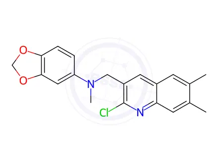 Chemical structure of N-((2-Chloro-6,7-dimethylquinolin-3-yl)methyl)-N-methylbenzo[d][1,3]dioxol-5-amine