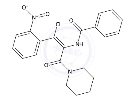 Chemical structure of (Z)-N-(1-Chloro-1-(2-nitrophenyl)-3-oxo-3-(piperidin-1-yl)prop-1-en-2-yl)benzamide
