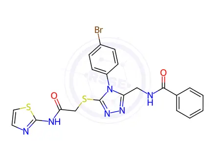 Chemical structure of N-((4-(4-Bromophenyl)-5-((2-oxo-2-(thiazol-2-ylamino)ethyl)thio)-4H-1,2,4-triazol-3-yl)methyl)benzamide