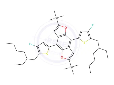 Chemical structure of Stannane, 1,1'-[4,8-bis[5-(2-ethylhexyl)-4-fluoro-2-thienyl]benzo[1,2-b:4,5-b']difuran-2,6-diyl]bis[1,1,1-trimethyl-