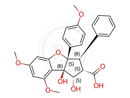 Chemical structure of (1S,2S,3R,3aS,8bR)-1,8b-Dihydroxy-6,8-dimethoxy-3a-(4-methoxyphenyl)-3-phenyl-2,3,3a,8b-tetrahydro-1H-cyclopenta[b]benzofuran-2-carboxylic acid