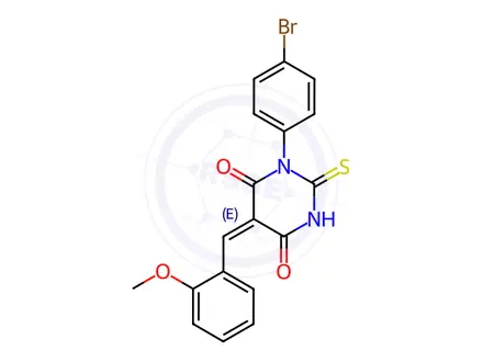 Chemical structure of (5E)-1-(4-bromophenyl)-5-[(2-methoxyphenyl)methylidene]-2-sulfanylidene-1,3-diazinane-4,6-dione