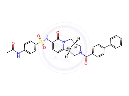 Chemical structure of N-(4-(N-((1R,5S)-3-([1,1'-Biphenyl]-4-carbonyl)-8-oxo-2,3,4,5,6,8-hexahydro-1H-1,5-methanopyrido[1,2-a][1,5]diazocin-9-yl)sulfamoyl)phenyl)acetamide