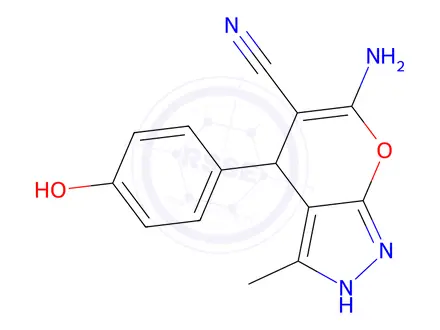 Chemical structure of 6-Amino-4-(4-hydroxyphenyl)-3-methyl-1,4-dihydropyrano[2,3-c]pyrazole-5-carbonitrile