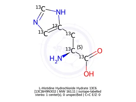 Chemical structure of L-Histidine Hydrochloride Hydrate 13C6