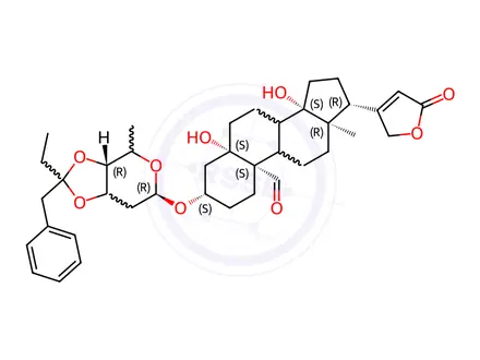 Chemical structure of 3β-[[3-O,4-O-(1-Benzylpropylidene)-2,6-dideoxy-β-D-ribo-hexopyranosyl]oxy]-5,14-dihydroxy-19-oxo-5β-card-20(22)-enolide