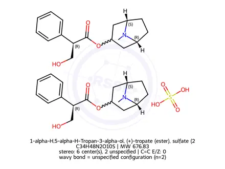 Chemical structure of 1-alpha-H,5-alpha-H-Tropan-3-alpha-ol, (+)-tropate (ester), sulfate (2:1) (salt)