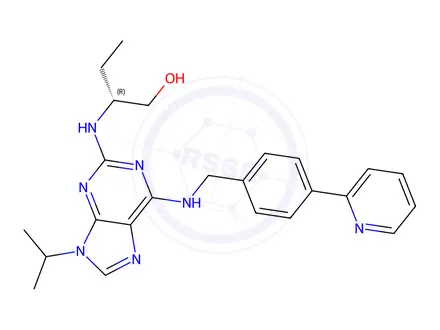 Chemical structure of 1-Butanol, 2-[[9-(1-methylethyl)-6-[[[4-(2-pyridinyl)phenyl]methyl]amino]-9H-purin-2-yl]amino]-, (2R)-