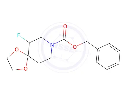 Chemical structure of Benzyl 6-fluoro-1,4-dioxa-8-azaspiro[4.5]decane-8-carboxylate