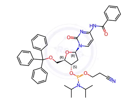 Chemical structure of Cytidine, N-benzoyl-2'-deoxy-5'-O-(triphenylmethyl)-, 3'-[2-cyanoethyl bis(1-methylethyl)phosphoramidite] (9CI)