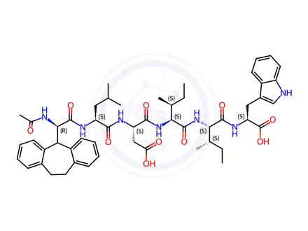 Chemical structure of (2S,5S,8S,11S,14S,17R)-2-((1H-Indol-3-yl)methyl)-5,8-di((S)-sec-butyl)-11-(carboxymethyl)-17-(10,11-dihydro-5H-dibenzo[a,d][7]annulen-5-yl)-14-isobutyl-4,7,10,13,16,19-hexaoxo-3,6,9,12,15,18-hexaazaicosanoic Acid