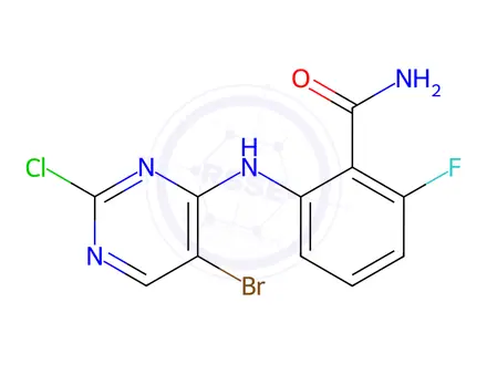 Chemical structure of Benzamide, 2-[(5-bromo-2-chloro-4-pyrimidinyl)amino]-6-fluoro-