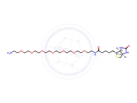 Chemical structure of 1H-Thieno[3,4-d]imidazole-4-pentanamide, N-(23-amino-3,6,9,12,15,18,21-heptaoxatricos-1-yl)hexahydro-2-oxo-, (3aS,4S,6aR)