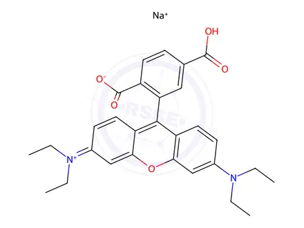 Chemical structure of hydrogen 9-(2,5-dicarboxylatophenyl)-3,6-bis(diethylamino)xanthylium, sodium salt