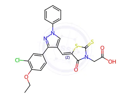 Chemical structure of 2-(5-((3-(3-Chloro-4-ethoxyphenyl)-1-phenyl-1H-pyrazol-4-yl)methylene)-4-oxo-2-thioxothiazolidin-3-yl)acetic acid